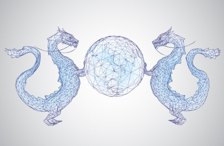 vector long dragon snake isolated on white background in 3d polygon styleのイラスト素材