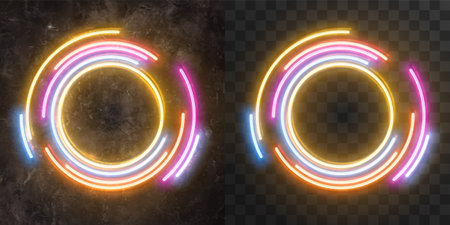Vector neon advertising signboard on a stone wall. setのイラスト素材
