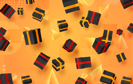 vector set. holiday gifts in boxes fly over bright colorful background. festive mood.のイラスト素材