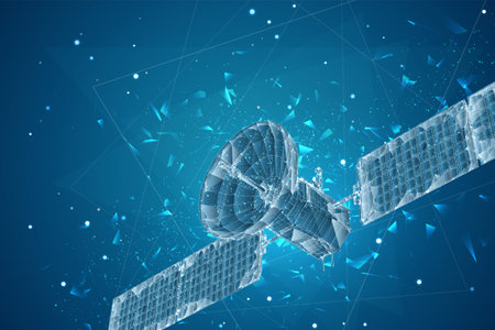 vector 3d background. communication satellite in a volumetric triangular style. abstract caotic particle explosionのイラスト素材