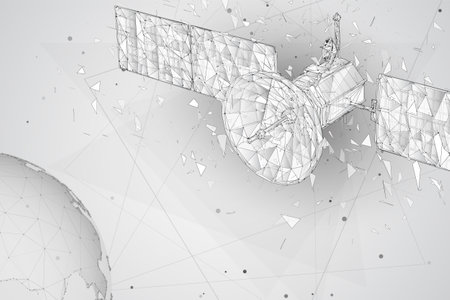 vector 3d background. communication satellite in a volumetric triangular style. abstract caotic particle explosionのイラスト素材