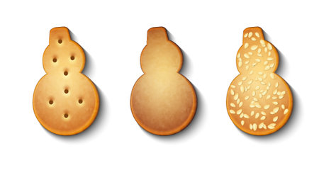 vector set of festive ginger biscuits with sesame seeds isolated on white backgroundのイラスト素材