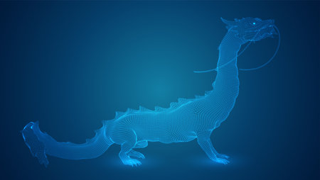 vector long dragon snake on a deep dark blue background in square 3D polygon styleのイラスト素材
