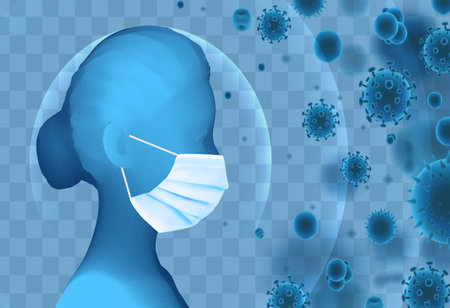 3D female portrait in a medical mask against the background of bacteria, viruses, spores and dust.のイラスト素材