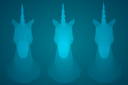 abstract head of a unicorn, vector magic animal. 3d set of square and triangular renderers. polygonsのイラスト素材