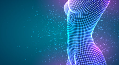 3d female body from square polygons. vector.flying particlesのイラスト素材