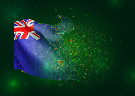 New Zealand, on vector 3d flag on green background with polygons and data numbersのイラスト素材