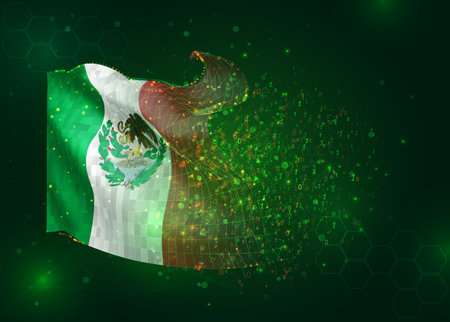 Mexico, on vector 3d flag on green background with polygons and data numbersのイラスト素材