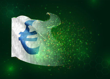 Euro, on vector 3d flag on green background with polygons and data numbersのイラスト素材