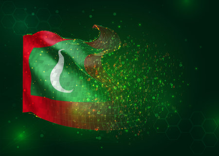 Maldives, on vector 3d flag on green background with polygons and data numbersのイラスト素材