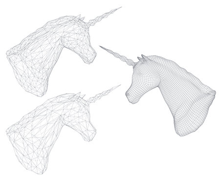abstract head of a unicorn, vector magic animal. 3d set of square and triangular renderers. polygonsのイラスト素材