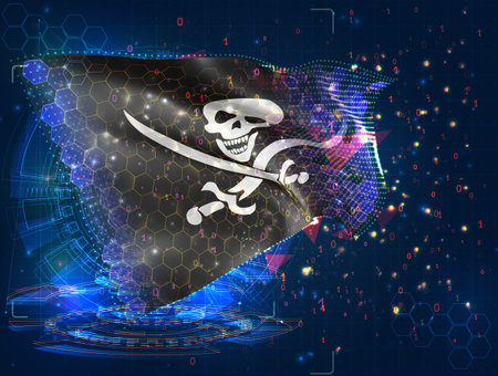 Pirate, vector flag, virtual abstract 3D object from triangular polygons on a blue backgroundのイラスト素材
