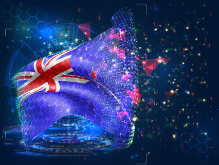 New Zealand, vector flag, virtual abstract 3D object from triangular polygons on a blue backgroundのイラスト素材