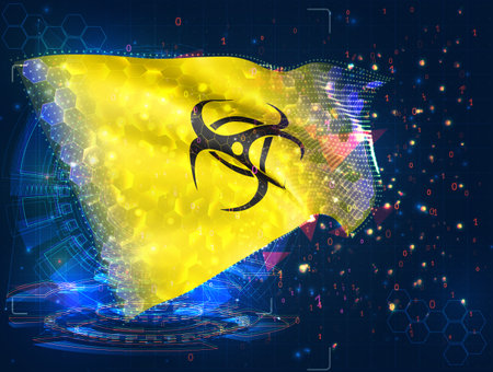 Infection, vector flag, virtual abstract 3D object from triangular polygons on a blue backgroundのイラスト素材