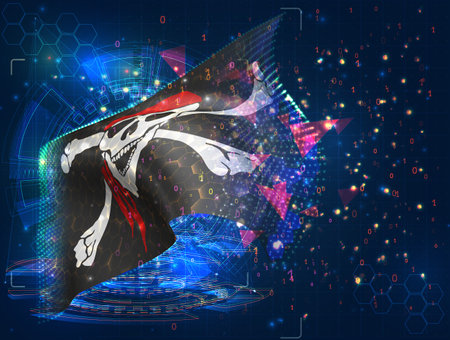 Pirate, vector flag, virtual abstract 3D object from triangular polygons on a blue backgroundのイラスト素材