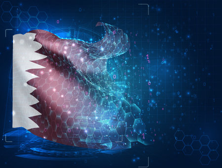 Qatar, vector flag, virtual abstract 3D object from triangular polygons on a blue backgroundのイラスト素材