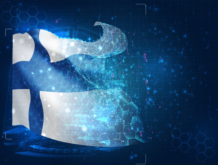 Finland, vector flag, virtual abstract 3D object from triangular polygons on a blue backgroundのイラスト素材