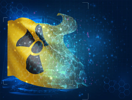 Atomic, vector flag, virtual abstract 3D object from triangular polygons on a blue backgroundのイラスト素材