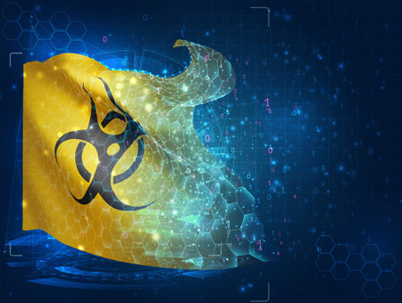 Infection, vector flag, virtual abstract 3D object from triangular polygons on a blue backgroundのイラスト素材