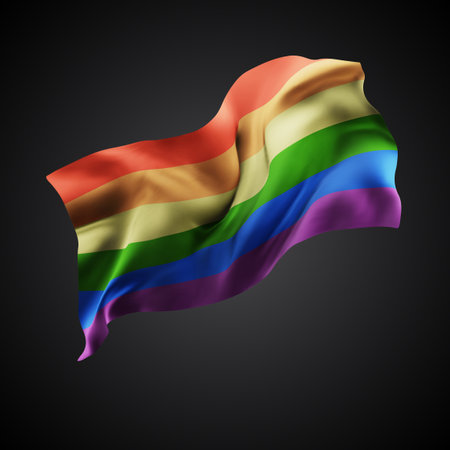 Rainbow,vector 3d flag with waves on a black backgroundのイラスト素材
