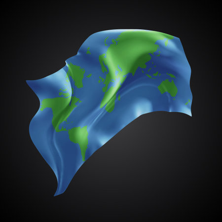 World map, vector 3d flag with waves on a black backgroundのイラスト素材