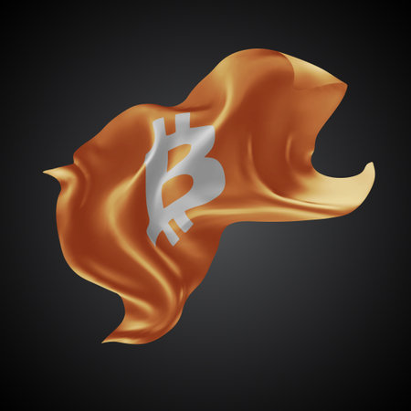 Bitcoin, vector 3d flag with waves on a black backgroundのイラスト素材