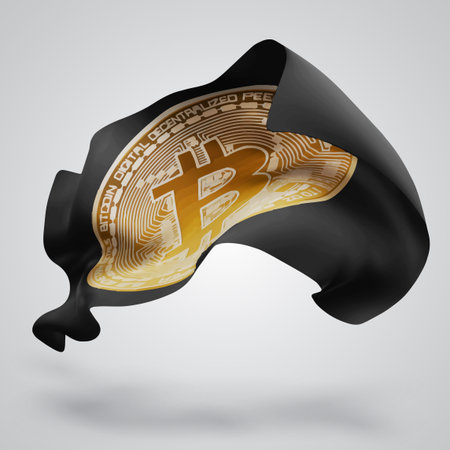 Bitcoin, vector 3d flag with waves on a white background