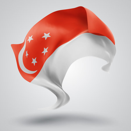 Singapore, vector 3d flag with waves on a white backgroundのイラスト素材