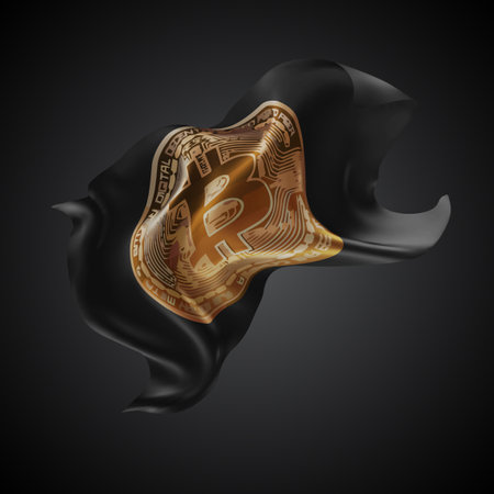 Bitcoin, vector 3d flag with waves on a black backgroundのイラスト素材