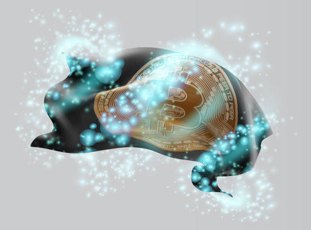 Bitcoin, vector 3d flag in whirlwind of magical radianceのイラスト素材