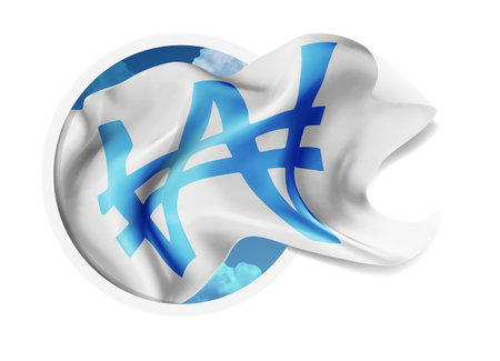 Won, vector 3d flag against a blue sky, through a round hole on a white backgroundのイラスト素材