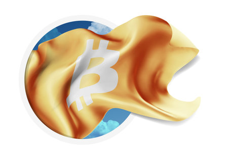 Bitcoin, vector 3d flag against a blue sky, through a round hole on a white backgroundのイラスト素材