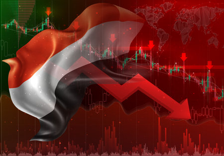 Yemen, vector 3d flag financial exchange trend downのイラスト素材