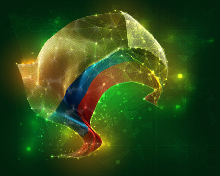 Colombia, vector 3d flag virtual triangular polygons on a color backgroundのイラスト素材