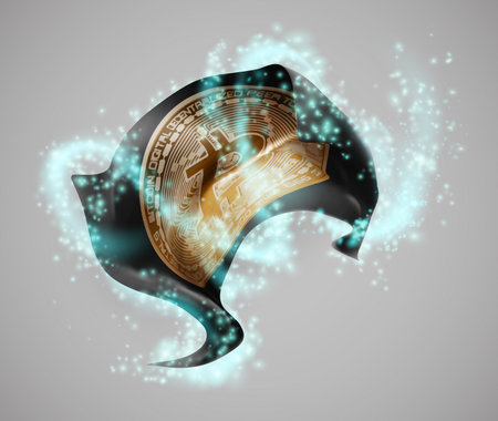 Bitcoin, vector 3d flag in whirlwind of magical radianceのイラスト素材