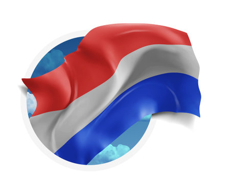 Netherlands, vector 3d flag against a blue sky, through a round hole on a white backgroundのイラスト素材