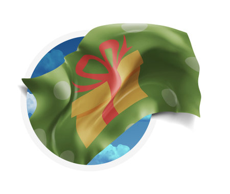 Gift, vector 3d flag against a blue sky, through a round hole on a white backgroundのイラスト素材