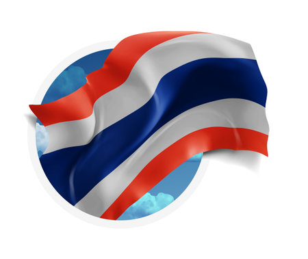 Thailand, vector 3d flag against a blue sky, through a round hole on a white backgroundのイラスト素材