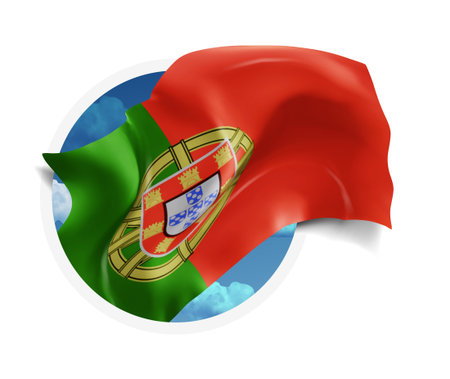 Portugal, vector 3d flag against a blue sky, through a round hole on a white backgroundのイラスト素材