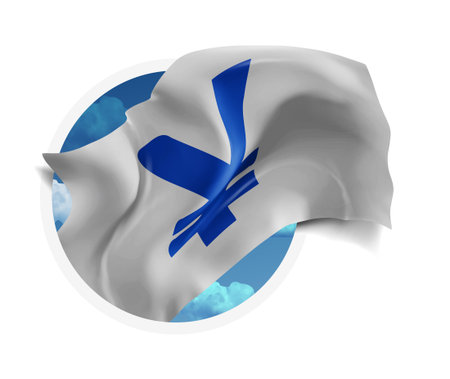 Yen, vector 3d flag against a blue sky, through a round hole on a white backgroundのイラスト素材