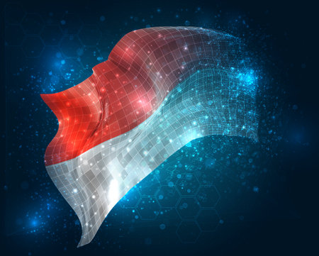 Indonesia, Monaco, vector 3d flag virtual triangular polygons on a color backgroundのイラスト素材
