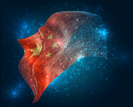 China, vector 3d flag virtual triangular polygons on a color backgroundのイラスト素材