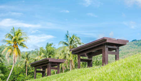 brown wooden bench at a green lake in day timeの写真素材