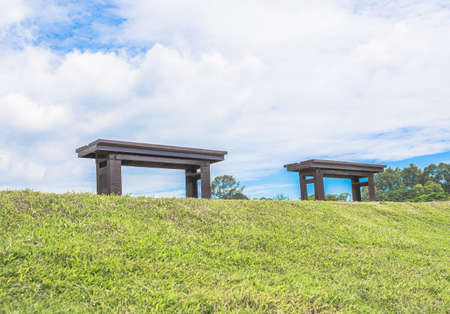 brown wooden bench at a green lake in day time