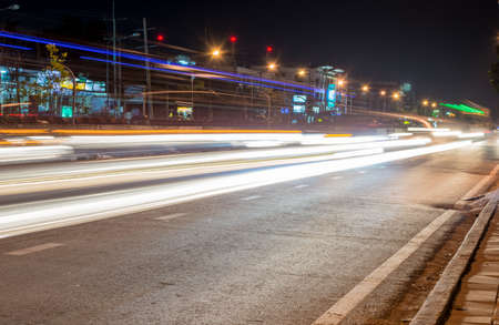 the light trails on the street in Thailand