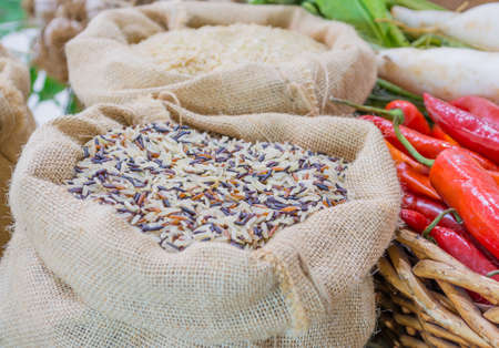 close up shot of rice in sag bag image .の写真素材