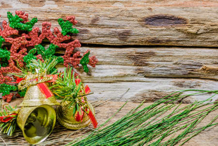Chrismas baubles and vary of decoration on wood background.の写真素材