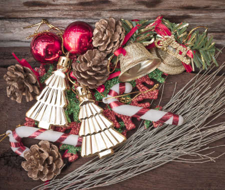 christmas ornaments and vary of decoration on wood .の写真素材