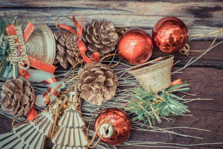 christmas ornaments and vary of decoration on wood background.の写真素材