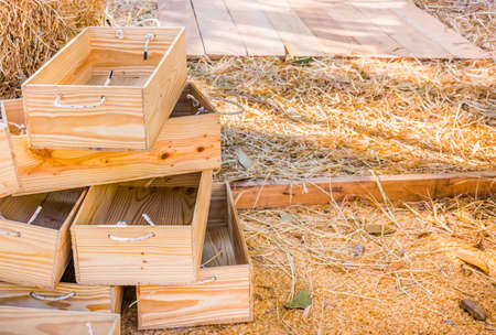 Dry straw and empty wood bucket for feeding sheep in farm.の写真素材